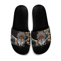 Native American Navajo Wolf Slide Sandals Grunge Pattern