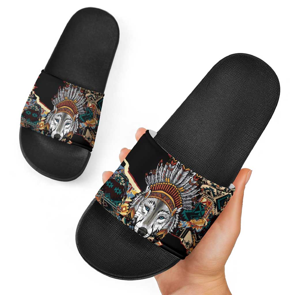 Native American Navajo Wolf Slide Sandals Grunge Pattern