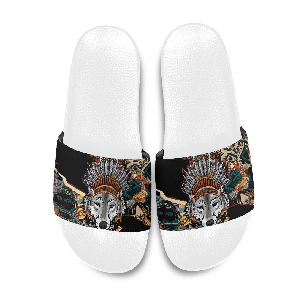 Native American Navajo Wolf Slide Sandals Grunge Pattern