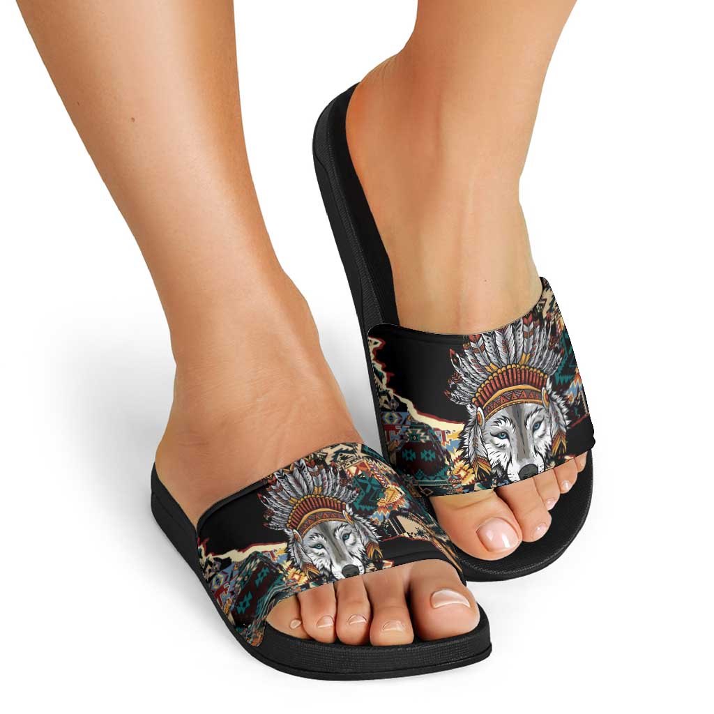 Native American Navajo Wolf Slide Sandals Grunge Pattern