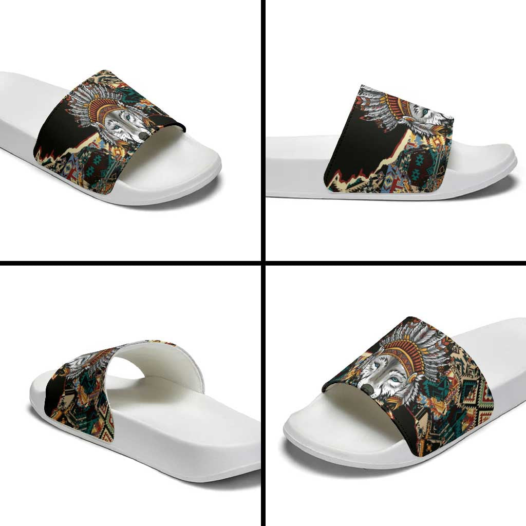 Native American Navajo Wolf Slide Sandals Grunge Pattern
