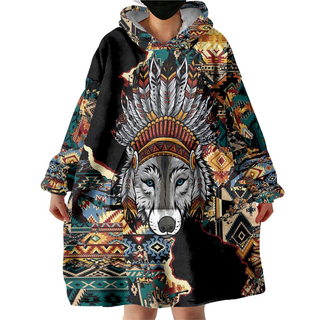 Native American Navajo Wolf Wearable Blanket Hoodie Grunge Pattern