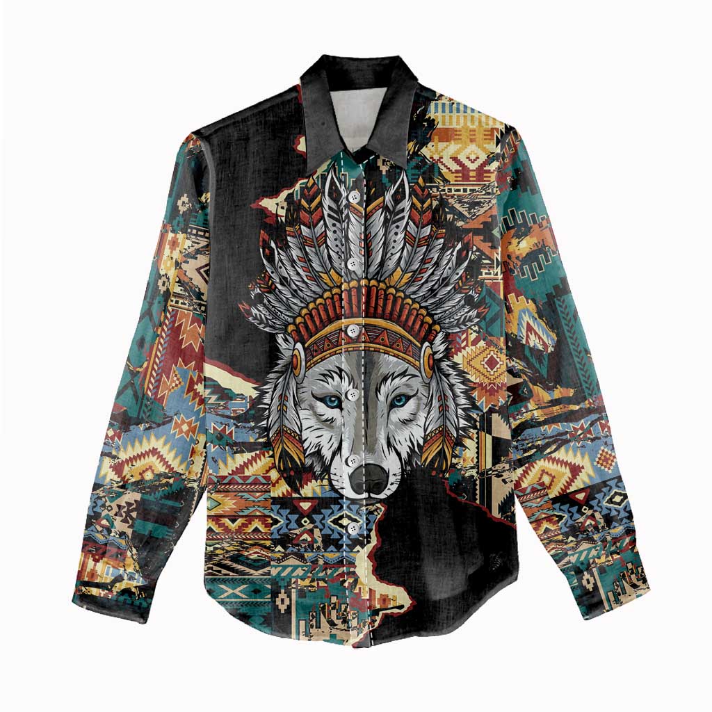 Native American Navajo Wolf Women Casual Shirt Grunge Pattern
