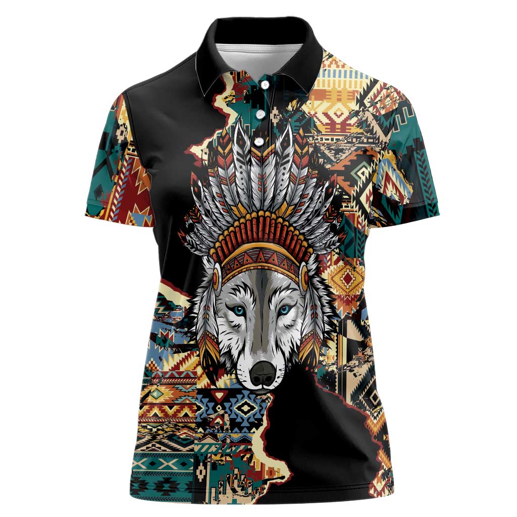 Native American Navajo Wolf Women Polo Shirt Grunge Pattern