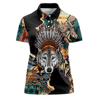 Native American Navajo Wolf Women Polo Shirt Grunge Pattern