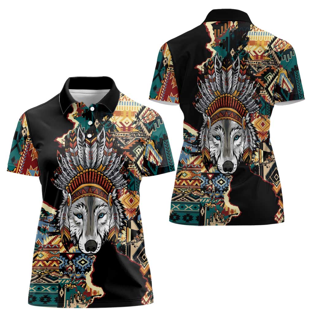 Native American Navajo Wolf Women Polo Shirt Grunge Pattern