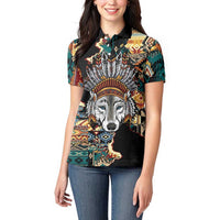 Native American Navajo Wolf Women Polo Shirt Grunge Pattern