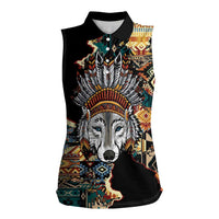 Native American Navajo Wolf Women Sleeveless Polo Shirt Grunge Pattern