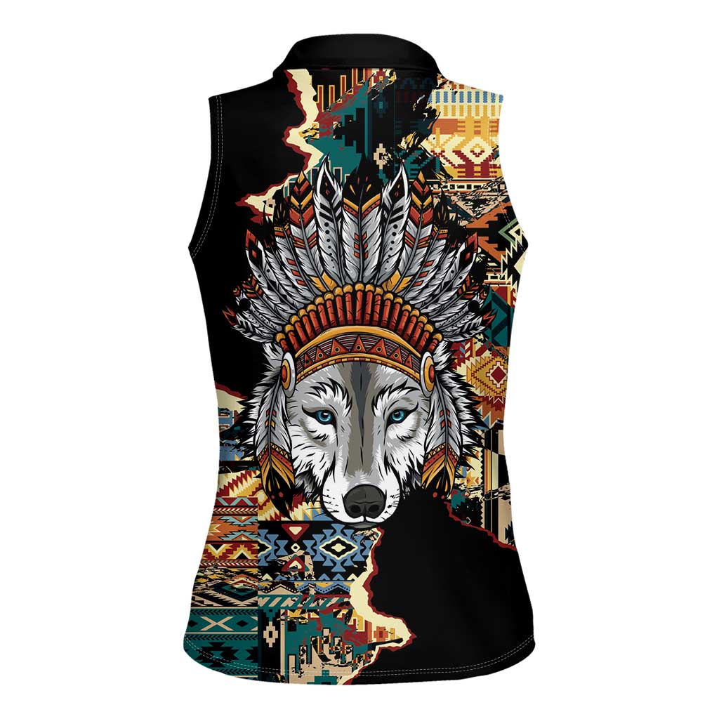 Native American Navajo Wolf Women Sleeveless Polo Shirt Grunge Pattern