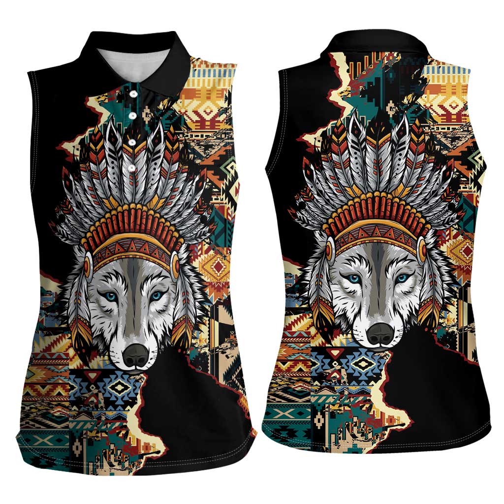 Native American Navajo Wolf Women Sleeveless Polo Shirt Grunge Pattern