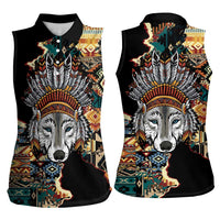 Native American Navajo Wolf Women Sleeveless Polo Shirt Grunge Pattern