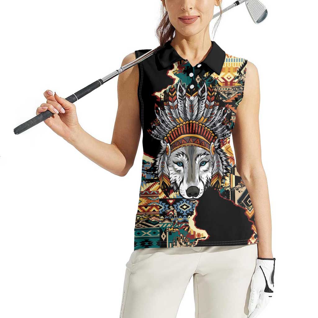 Native American Navajo Wolf Women Sleeveless Polo Shirt Grunge Pattern