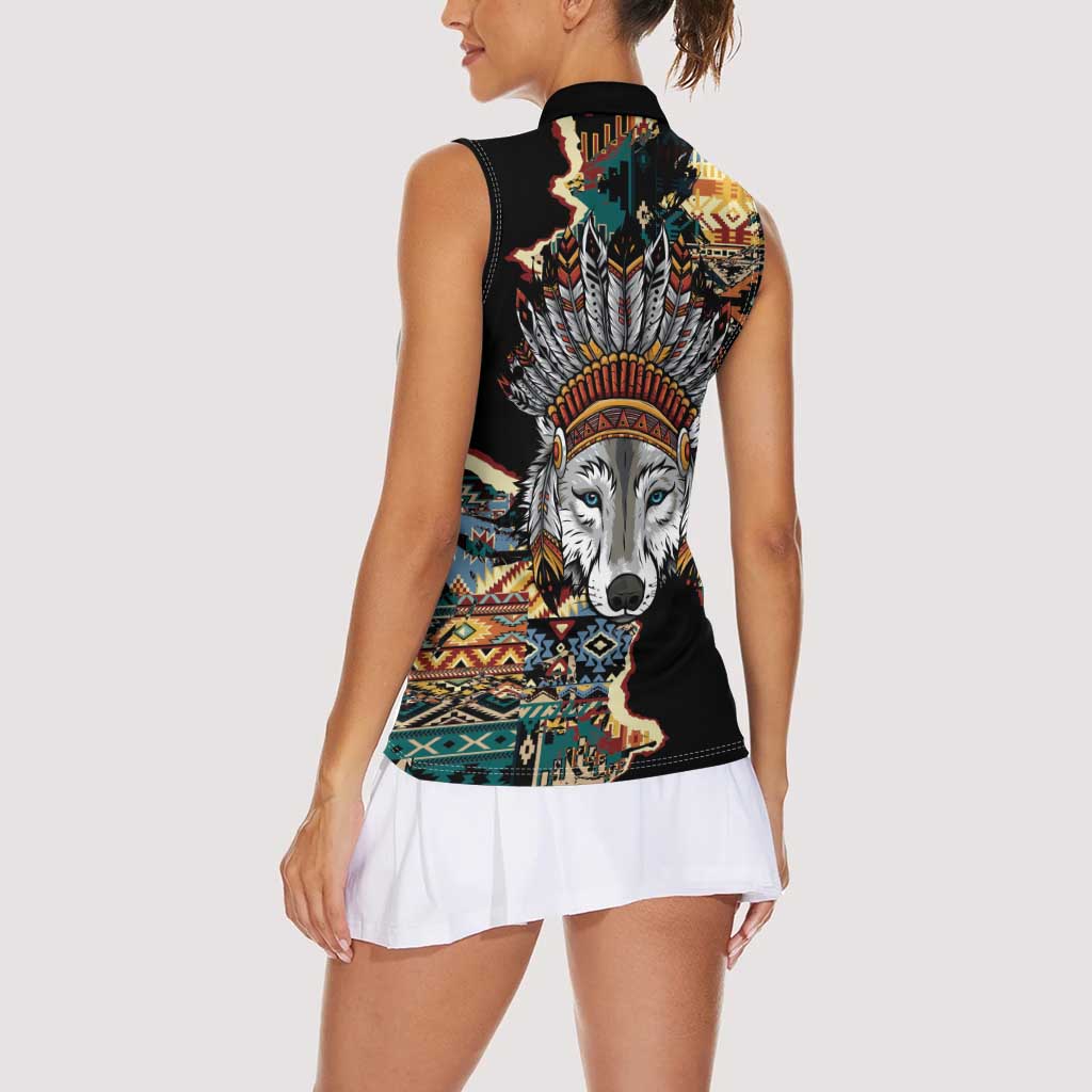 Native American Navajo Wolf Women Sleeveless Polo Shirt Grunge Pattern