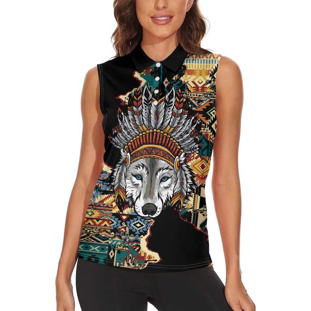 Native American Navajo Wolf Women Sleeveless Polo Shirt Grunge Pattern