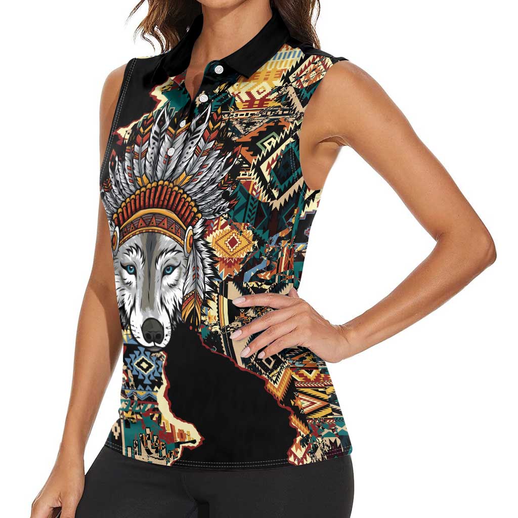 Native American Navajo Wolf Women Sleeveless Polo Shirt Grunge Pattern