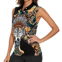 Native American Navajo Wolf Women Sleeveless Polo Shirt Grunge Pattern