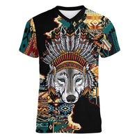 Native American Navajo Wolf Women V-Neck T-Shirt Grunge Pattern