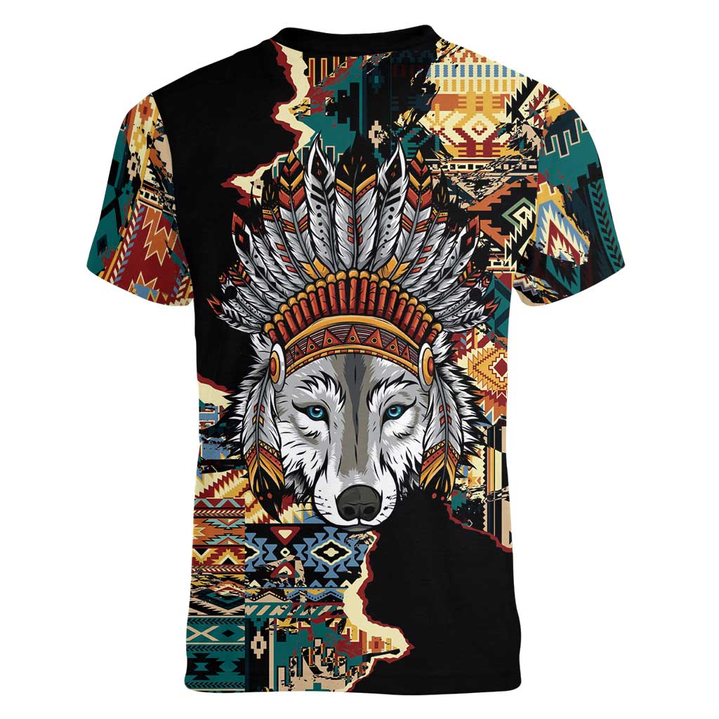 Native American Navajo Wolf Women V-Neck T-Shirt Grunge Pattern