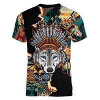 Native American Navajo Wolf Women V-Neck T-Shirt Grunge Pattern