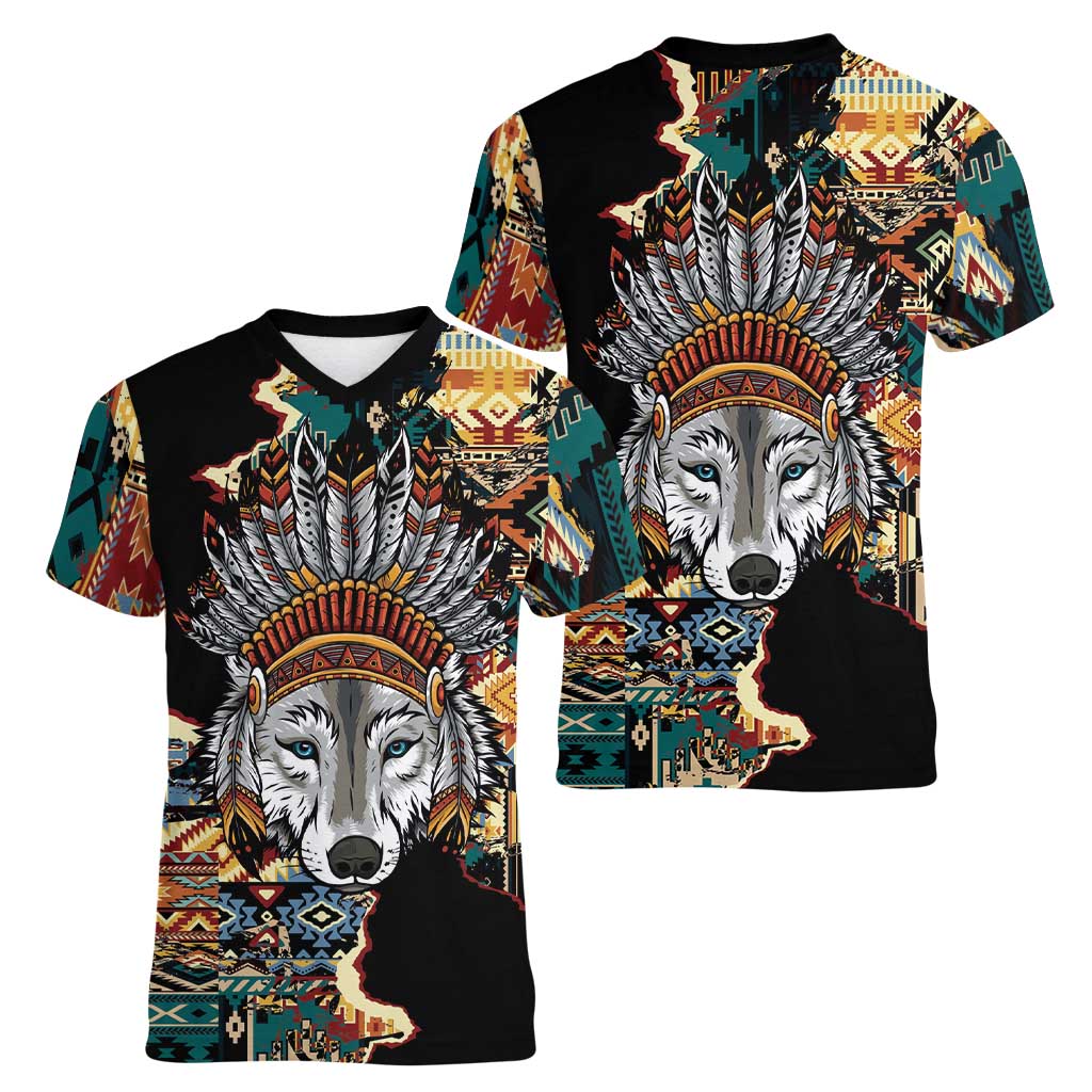 Native American Navajo Wolf Women V-Neck T-Shirt Grunge Pattern