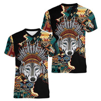 Native American Navajo Wolf Women V-Neck T-Shirt Grunge Pattern