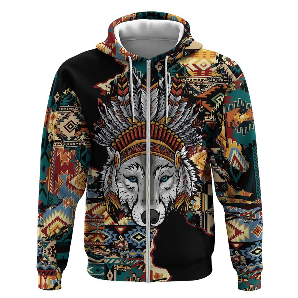 Native American Navajo Wolf Zip Hoodie Grunge Pattern