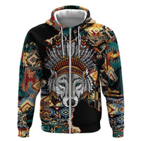 Native American Navajo Wolf Zip Hoodie Grunge Pattern