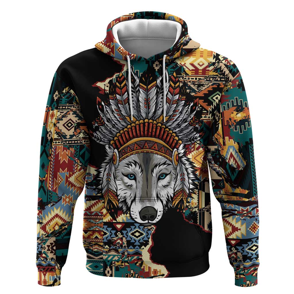 Native American Navajo Wolf Zip Hoodie Grunge Pattern