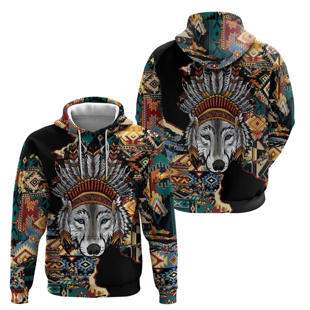 Native American Navajo Wolf Zip Hoodie Grunge Pattern
