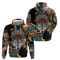 Native American Navajo Wolf Zip Hoodie Grunge Pattern