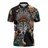 Native American Navajo Wolf Zipper Polo Shirt Grunge Pattern