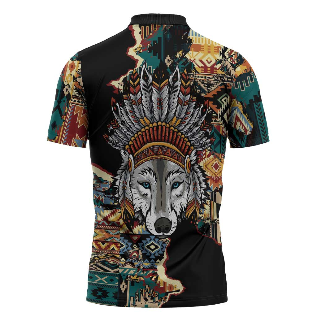 Native American Navajo Wolf Zipper Polo Shirt Grunge Pattern