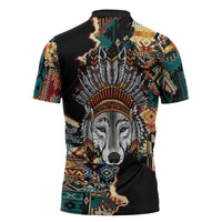 Native American Navajo Wolf Zipper Polo Shirt Grunge Pattern