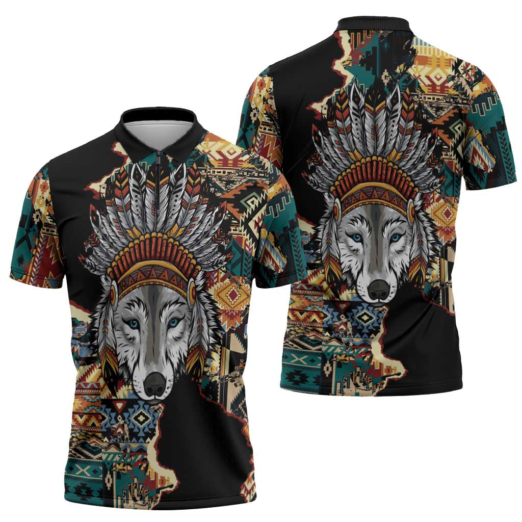 Native American Navajo Wolf Zipper Polo Shirt Grunge Pattern