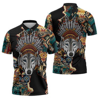 Native American Navajo Wolf Zipper Polo Shirt Grunge Pattern