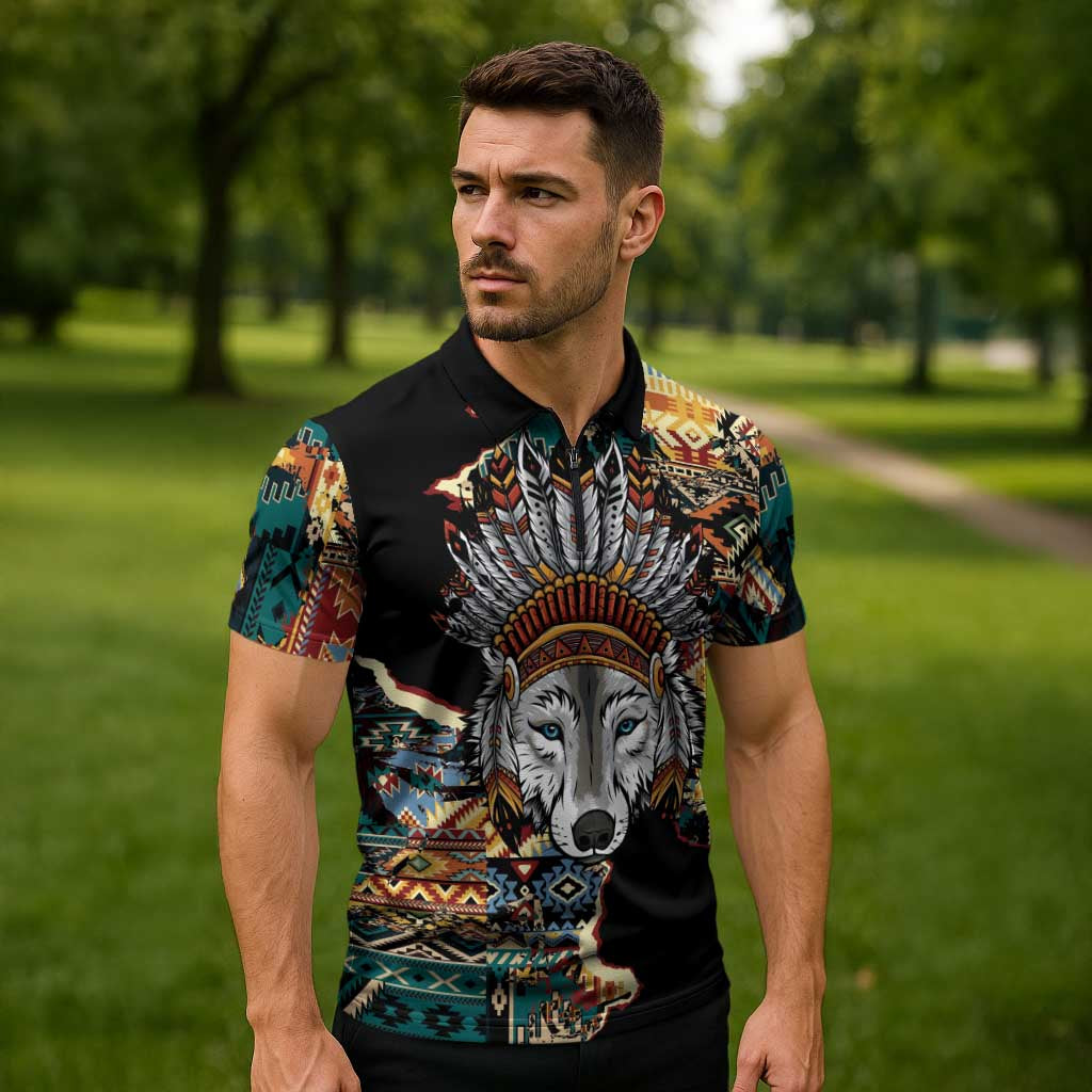 Native American Navajo Wolf Zipper Polo Shirt Grunge Pattern