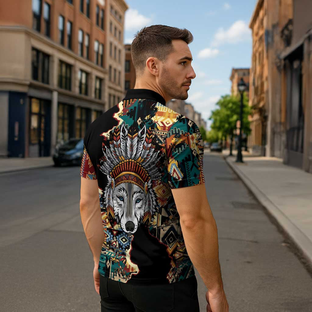 Native American Navajo Wolf Zipper Polo Shirt Grunge Pattern