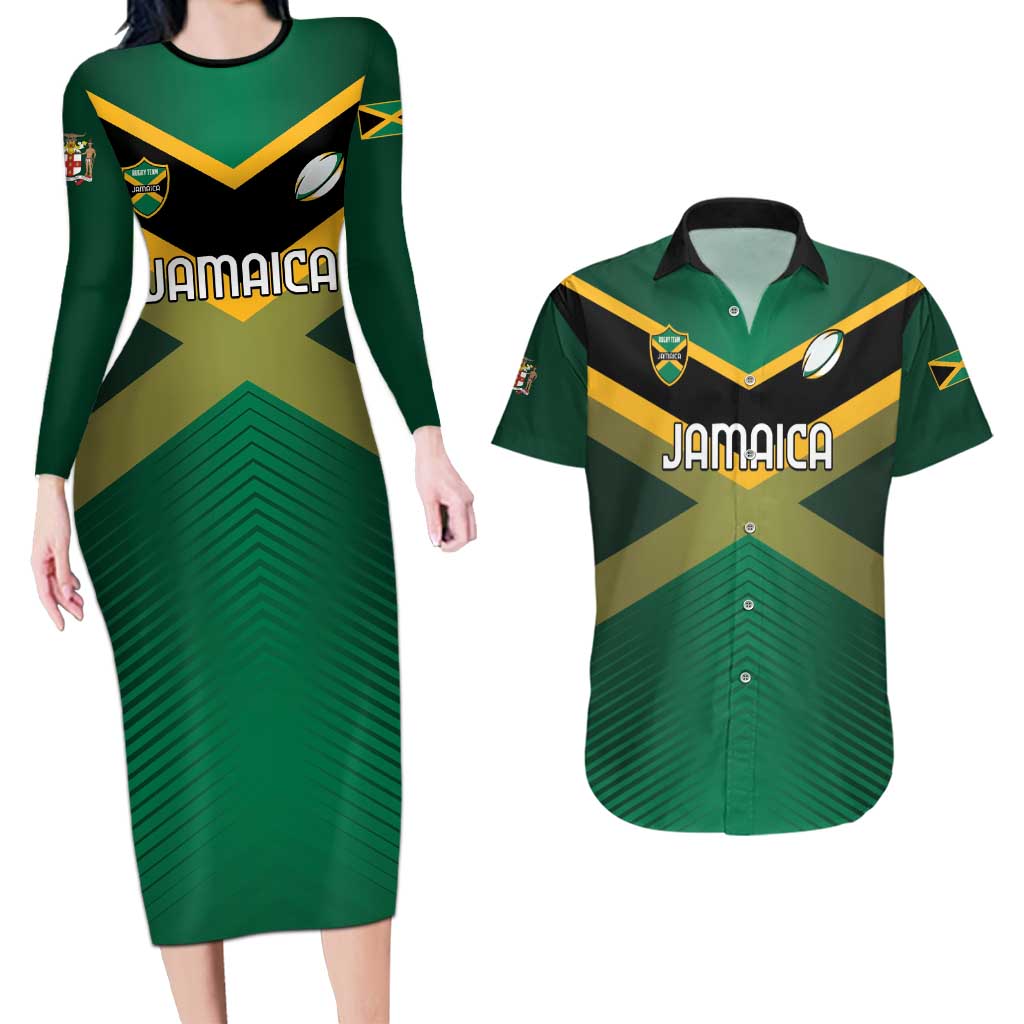 Custom Rugby Jamaica Couples Matching Long Sleeve Bodycon Dress and Hawaiian Shirt Reggae Warriors Go Champions