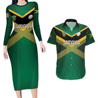 Custom Rugby Jamaica Couples Matching Long Sleeve Bodycon Dress and Hawaiian Shirt Reggae Warriors Go Champions