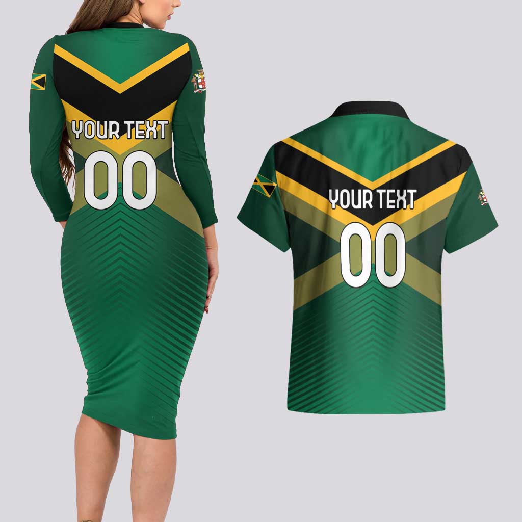 Custom Rugby Jamaica Couples Matching Long Sleeve Bodycon Dress and Hawaiian Shirt Reggae Warriors Go Champions