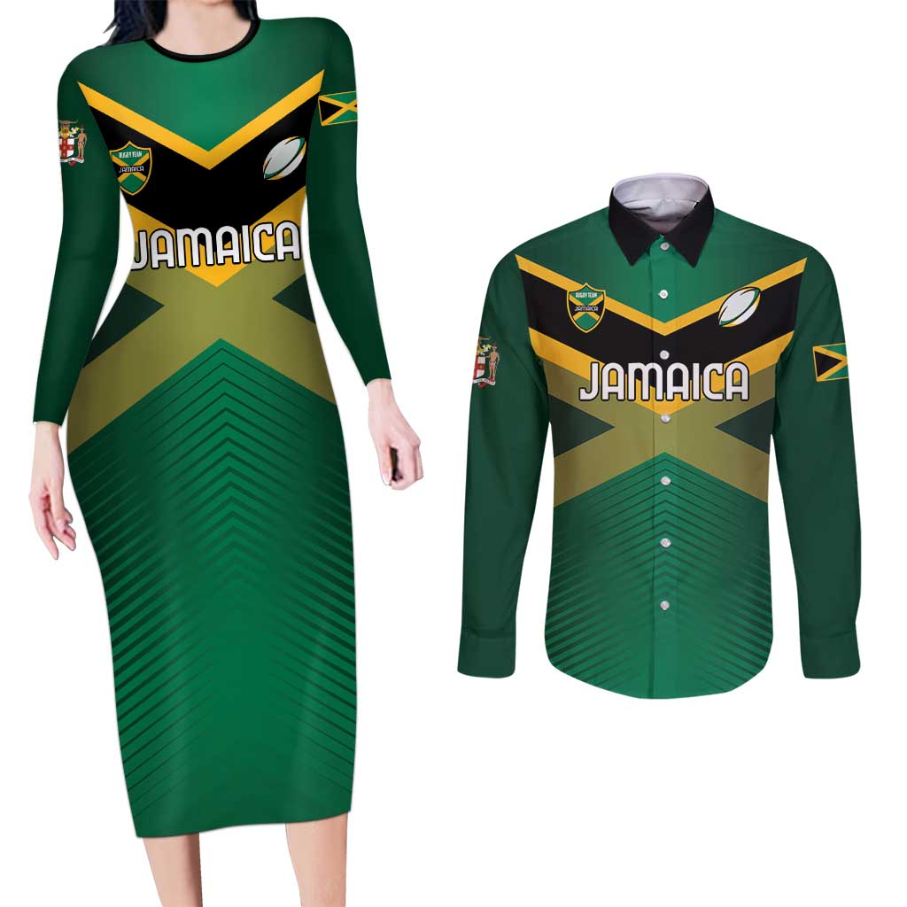 Custom Rugby Jamaica Couples Matching Long Sleeve Bodycon Dress and Long Sleeve Button Shirt Reggae Warriors Go Champions