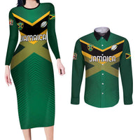 Custom Rugby Jamaica Couples Matching Long Sleeve Bodycon Dress and Long Sleeve Button Shirt Reggae Warriors Go Champions