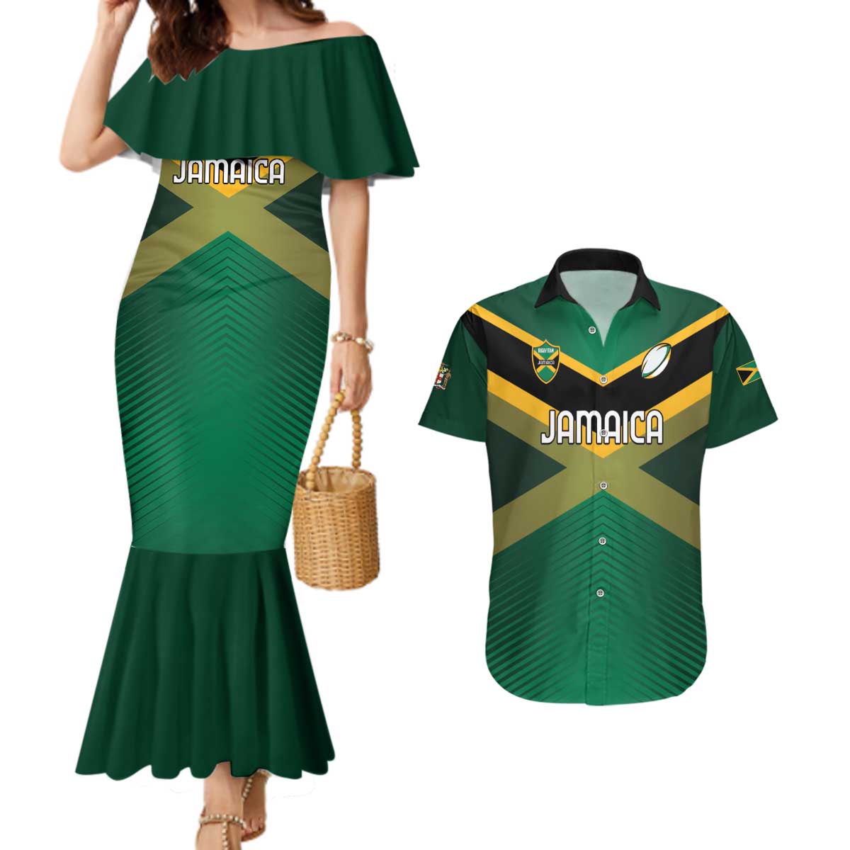 Custom Rugby Jamaica Couples Matching Mermaid Dress and Hawaiian Shirt Reggae Warriors Go Champions