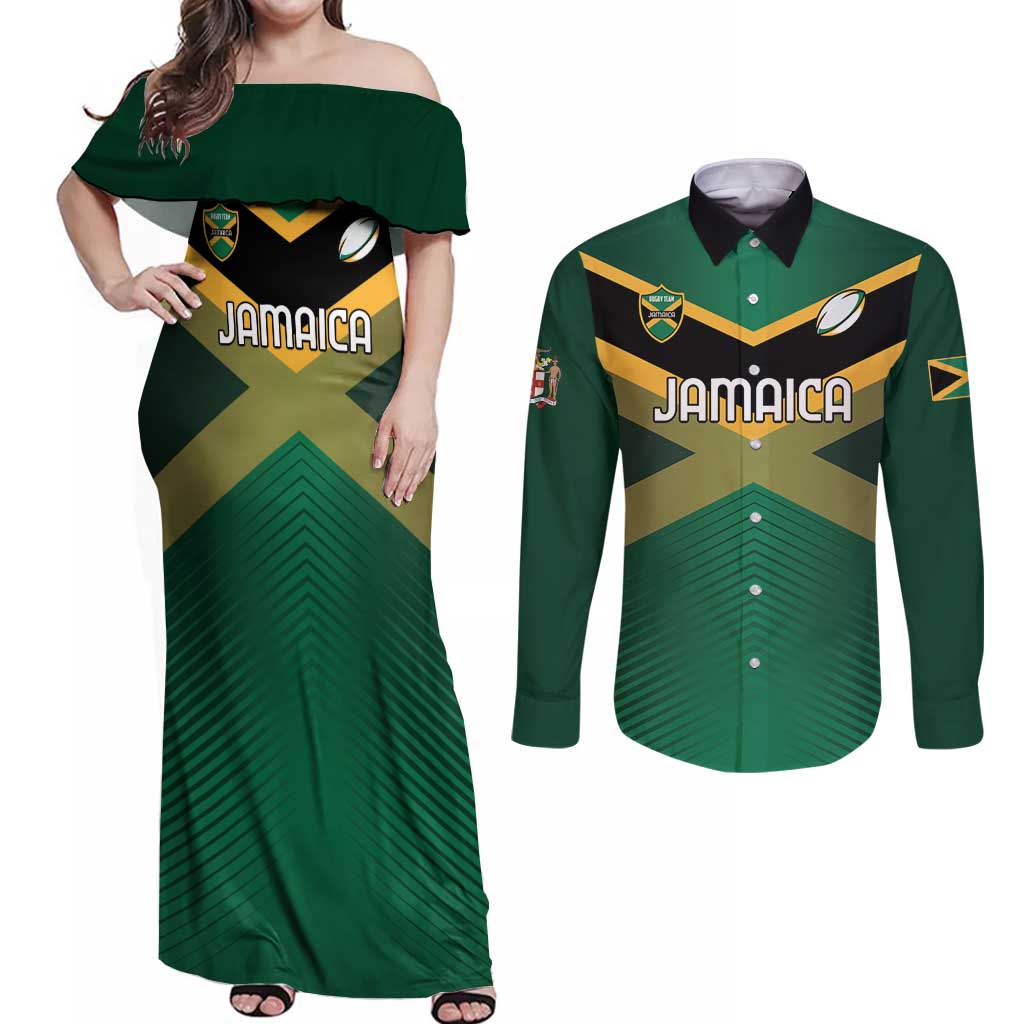 Custom Rugby Jamaica Couples Matching Off Shoulder Maxi Dress and Long Sleeve Button Shirt Reggae Warriors Go Champions