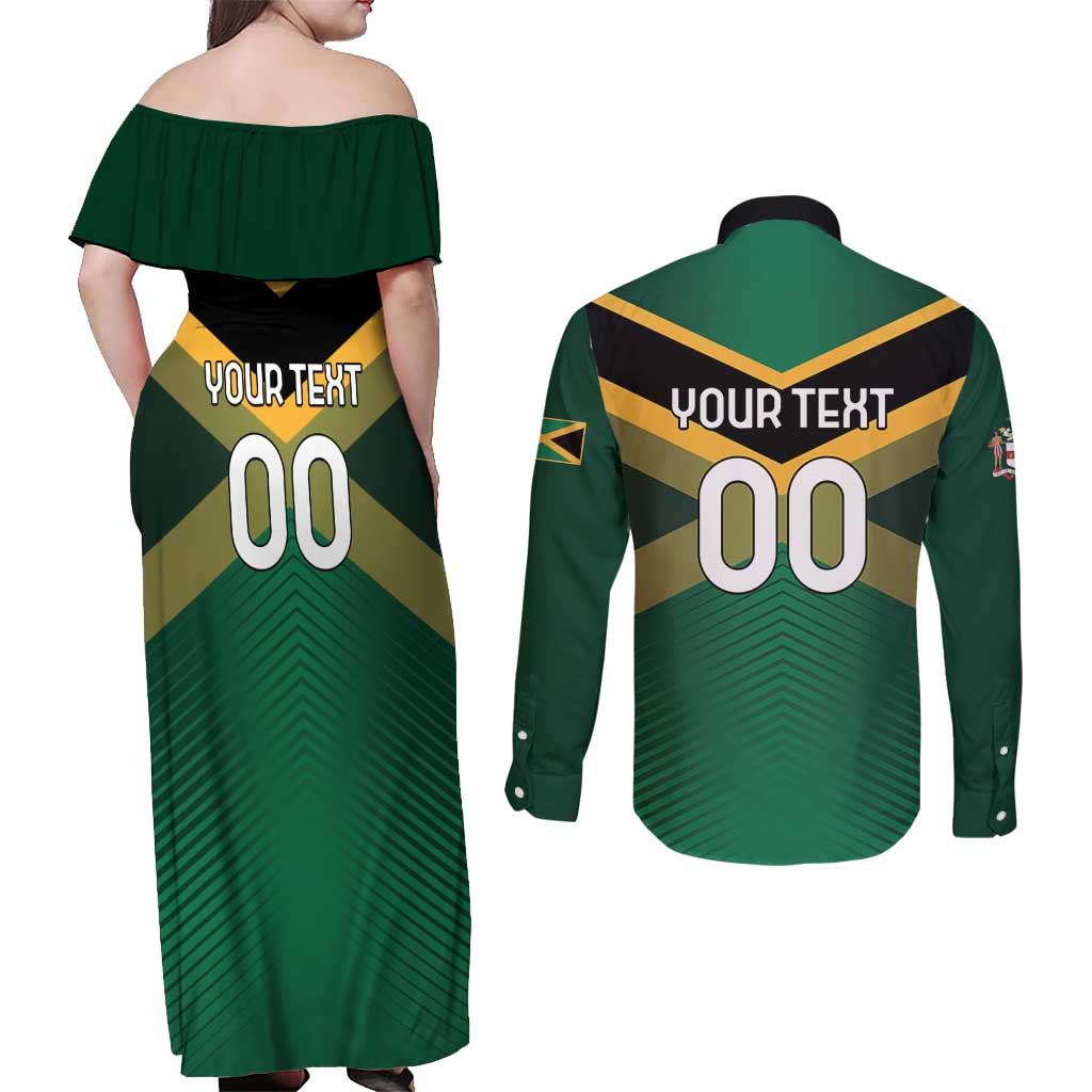 Custom Rugby Jamaica Couples Matching Off Shoulder Maxi Dress and Long Sleeve Button Shirt Reggae Warriors Go Champions