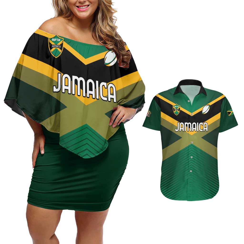 Custom Rugby Jamaica Couples Matching Off Shoulder Short Dress and Hawaiian Shirt Reggae Warriors Go Champions
