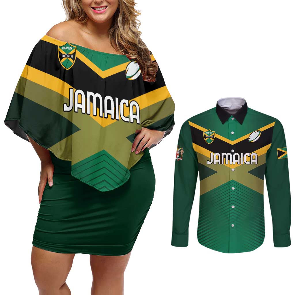 Custom Rugby Jamaica Couples Matching Off Shoulder Short Dress and Long Sleeve Button Shirt Reggae Warriors Go Champions