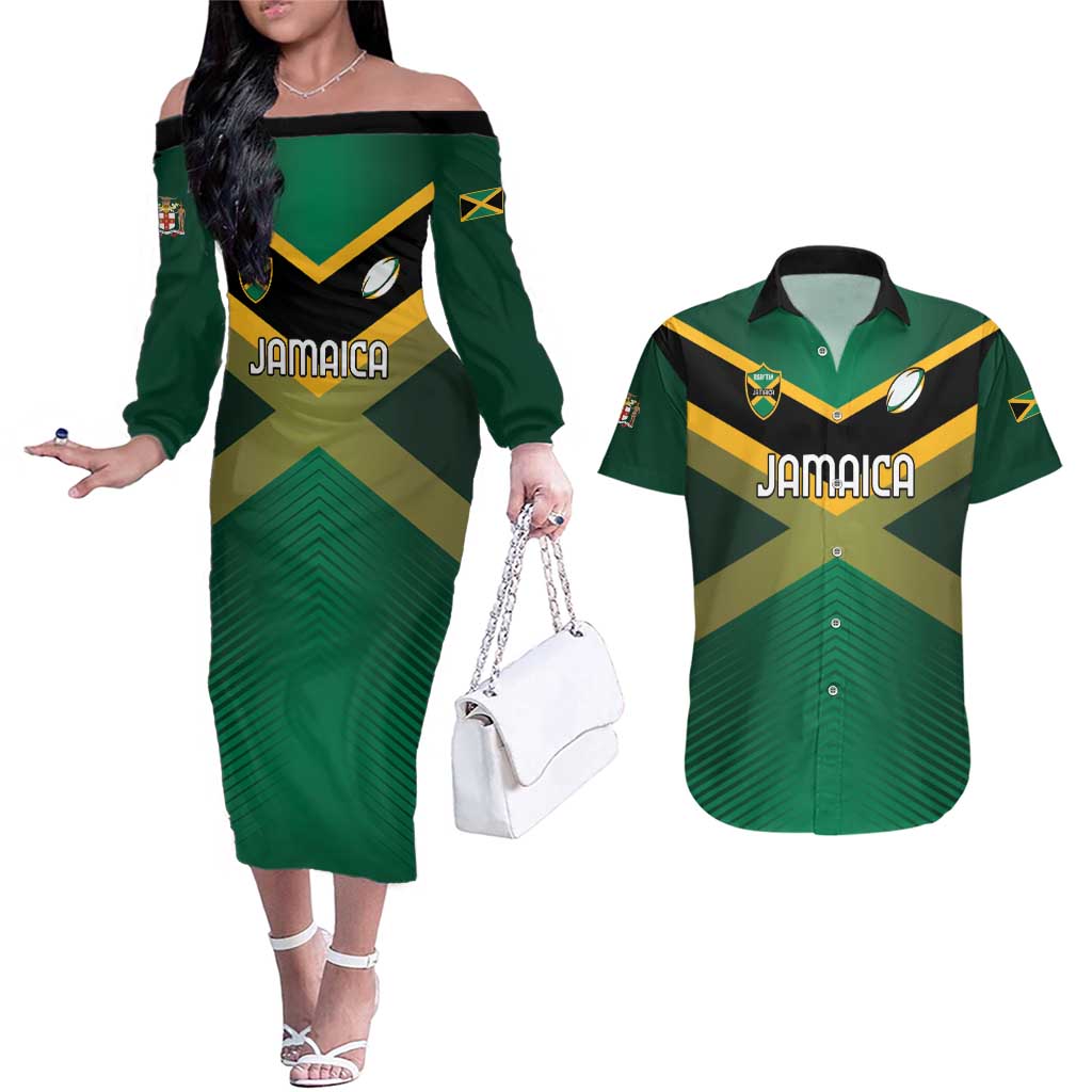 Custom Rugby Jamaica Couples Matching Off The Shoulder Long Sleeve Dress and Hawaiian Shirt Reggae Warriors Go Champions
