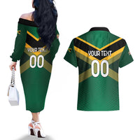 Custom Rugby Jamaica Couples Matching Off The Shoulder Long Sleeve Dress and Hawaiian Shirt Reggae Warriors Go Champions