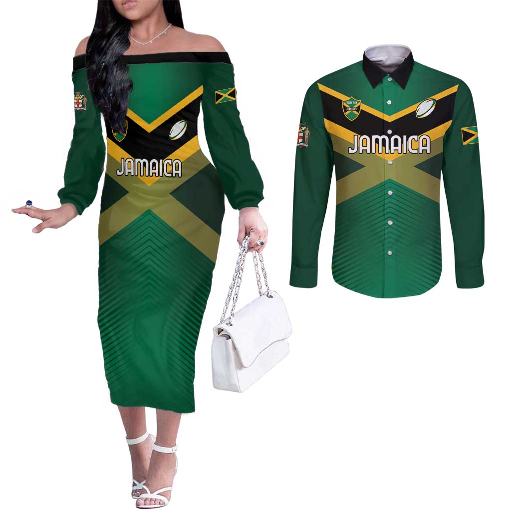 Custom Rugby Jamaica Couples Matching Off The Shoulder Long Sleeve Dress and Long Sleeve Button Shirt Reggae Warriors Go Champions